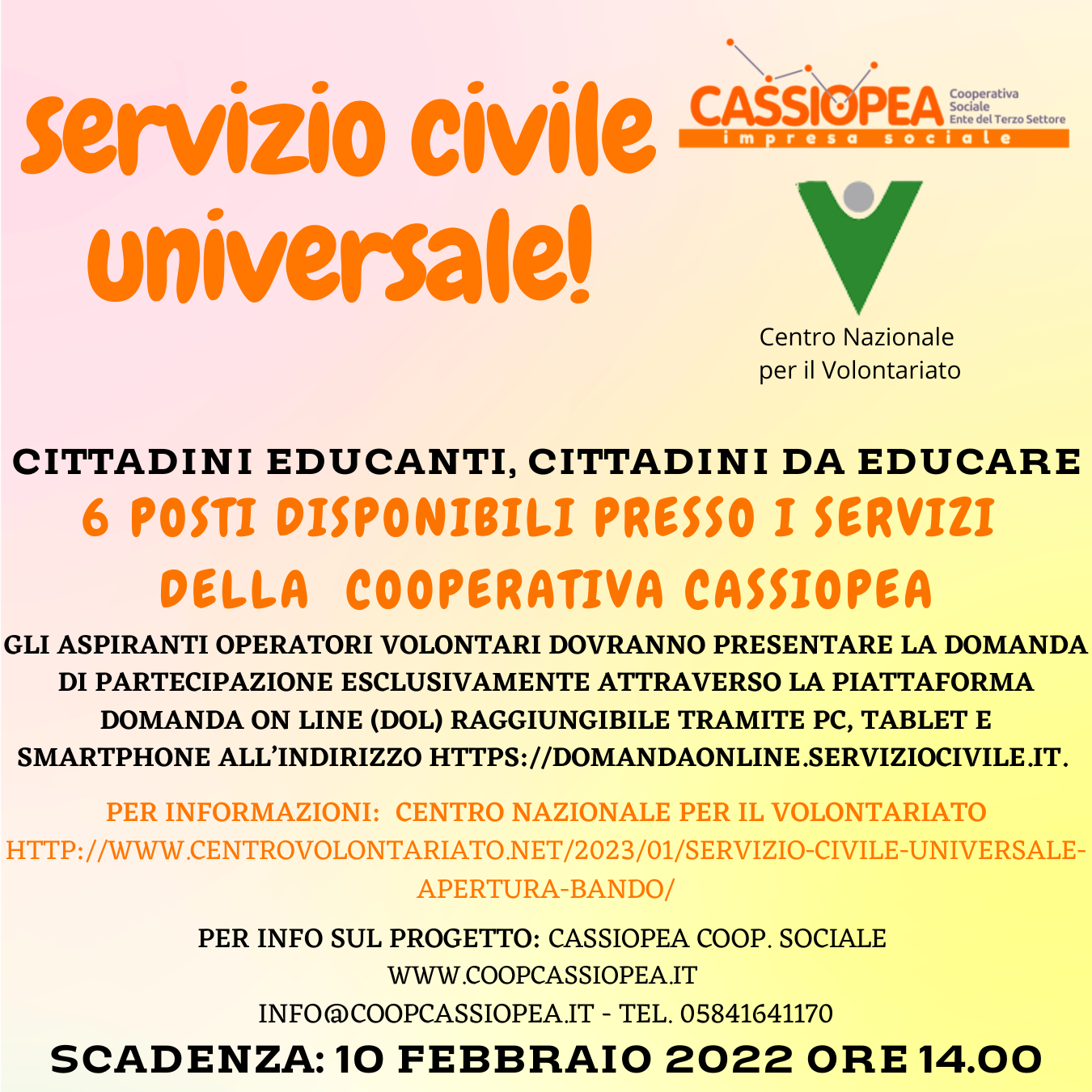 Servizio civile con Cassiopea: Apertura bando